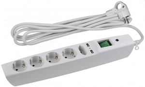 Сетевой удлинитель-фильтр SFU ПВС 3х0.75 5 розеток (1плоская)+2USB, длина 2м, ток 10А (полная защита, земля, цвет белый), Эра COPY
